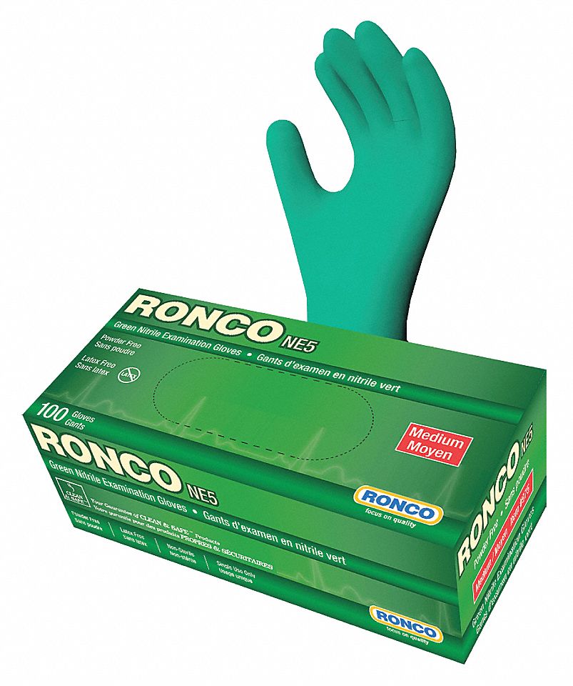 DISPOSABLE GLOVES, 9 1/2 IN L/5 MIL THICK, SIZE 8/M, GREEN, NITRILE, BX 100