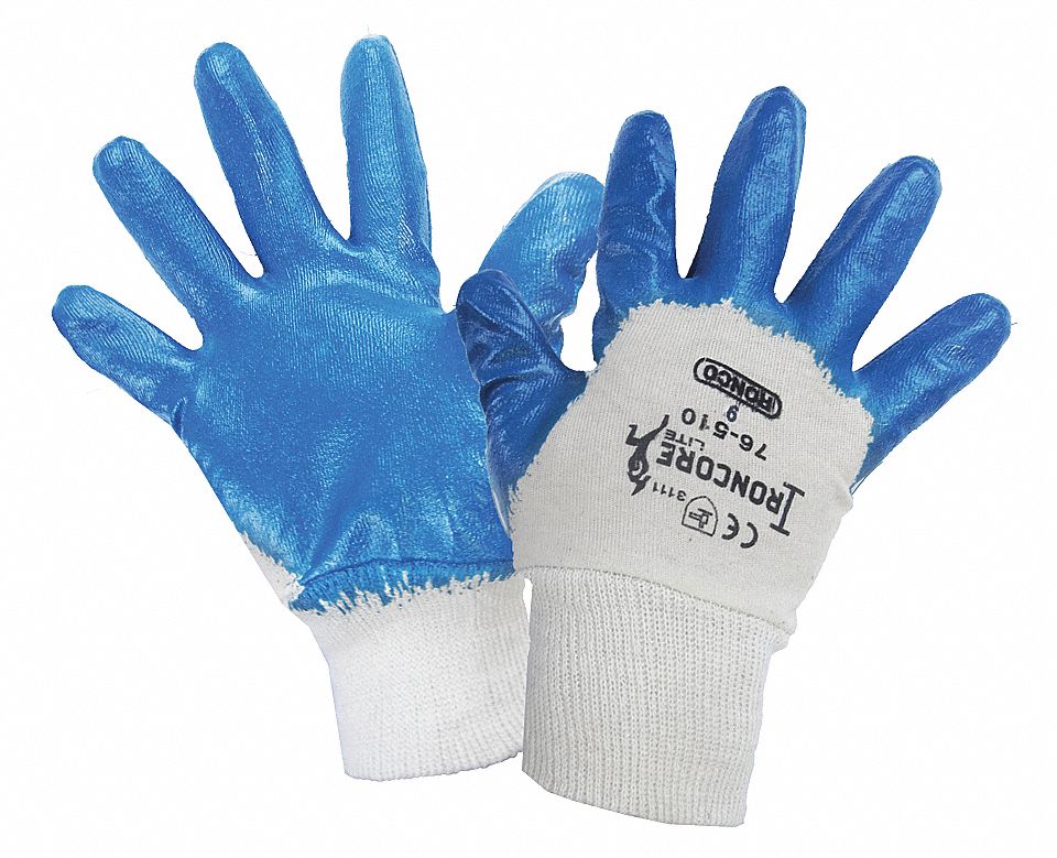 GLOVES, COATED, ABRASION LEVEL 3, PALM/FING, L, BLUE/WHITE, NITRILE NYLON