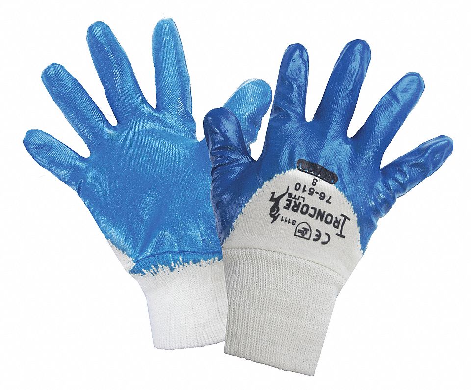 GLOVES, COATED, ABRASION LEVEL 3, PALM/FING, M, BLUE/WHITE, NITRILE NYLON