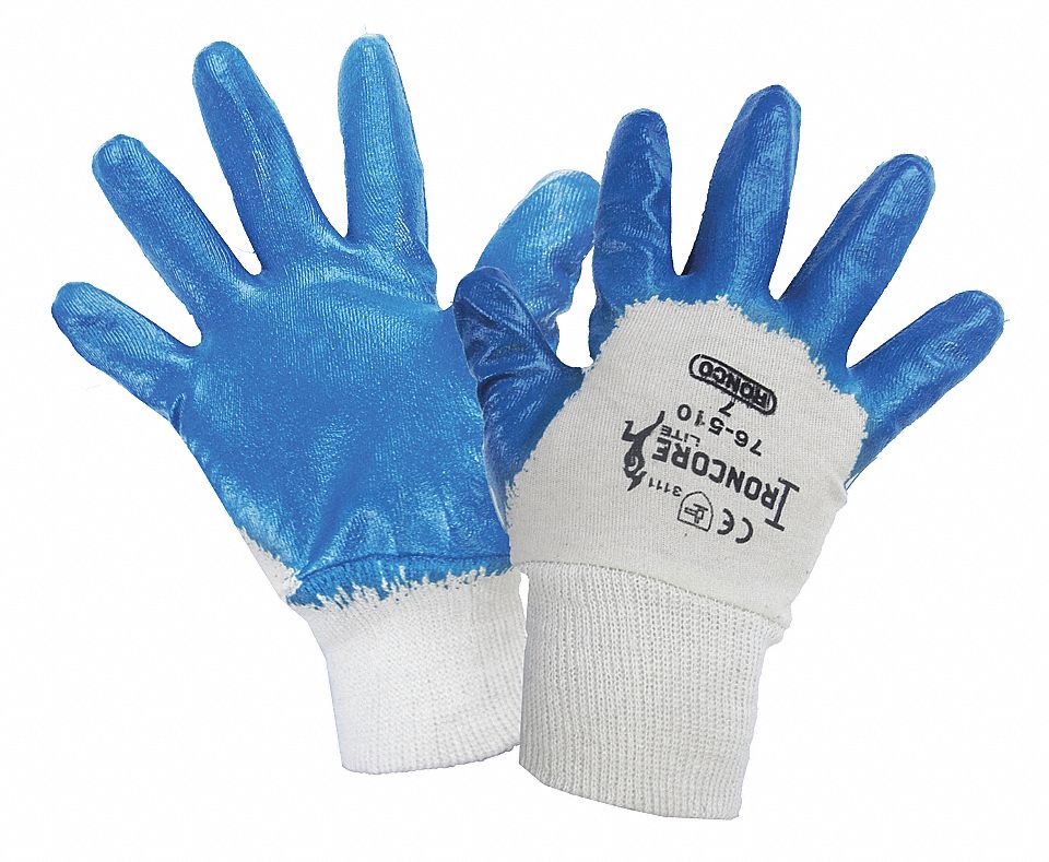 GLOVES, COATED, ABRASION LEVEL 3, PALM/FING, S, BLUE/WHITE, NITRILE NYLON