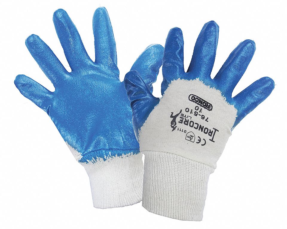 GLOVES, COATED, ABRASION LEVEL 3, PALM/FING, XL, BLUE/WHITE, NITRILE NYLON