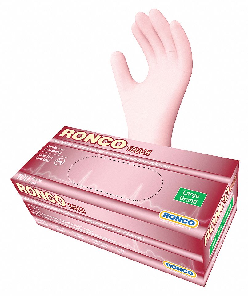 DISPOSABLE GLOVES, 9 1/2 IN L/3 MIL THICK, SIZE 9/L, PINK, NITRILE, BX 100