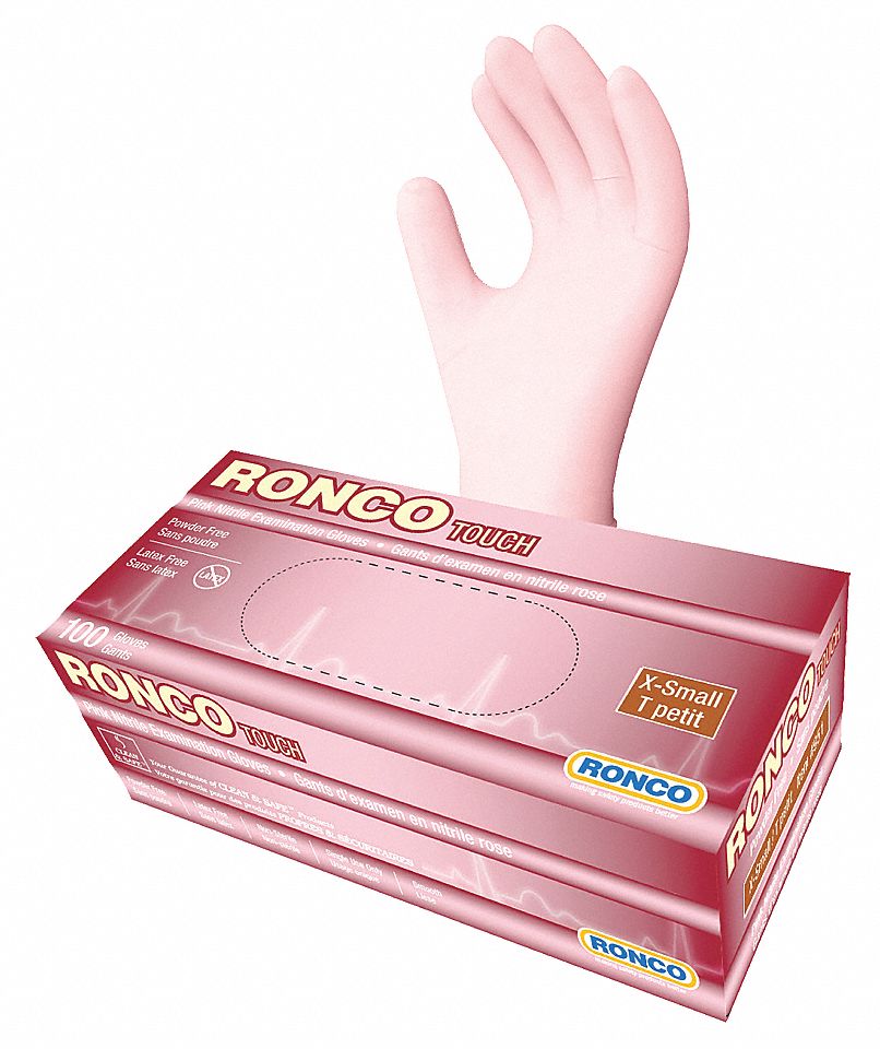 DISPOSABLE GLOVES, 9 1/2 N L/3 MIL THICK, SIZE 6/XS, PINK, NITRILE, BX 100