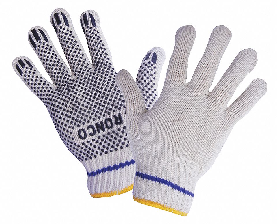 GANTS EN TRICOT FICELLE, POINTS, 50 G, TAILLE M, NATUREL/BLEU/JAUNE, PVC, PR