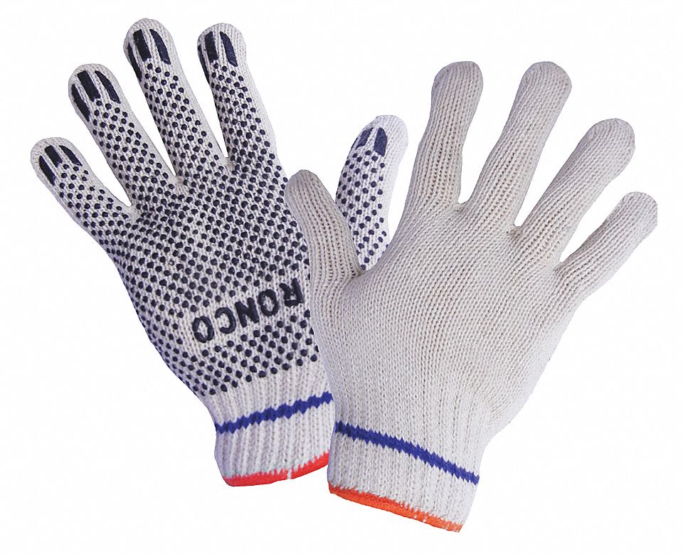 STRINGKNIT GLOVES, DOTS, 45 G, SZ S, NATURAL/BLUE/RED, PVC, PR