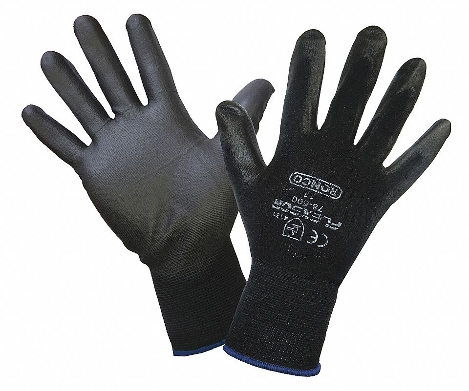 78-500 PU COATED PALM NYLON GLOVES, BLK, 2XL/11, NYLON, ANSI/ISEA ABRASION 4/CUT A1/PUNCTURE 1