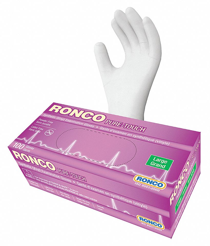 PURE-TOUCH EXAM GLOVES, 9 1/2 IN L/5 MIL THICK, SIZE 9/L, WHITE, VINYL, BX 100