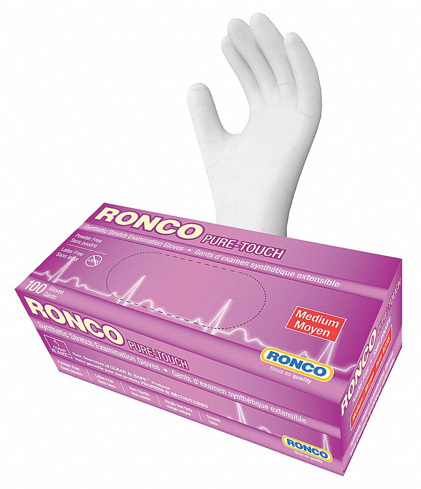 PURE-TOUCH EXAM GLOVES, 9 1/2 IN L/5 MIL THICK, SIZE 8/M, WHITE, SYNTHETIC, BX 100