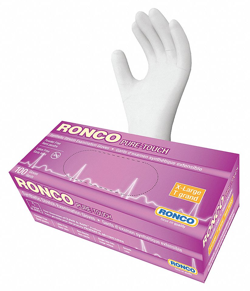 PURE-TOUCH EXAM GLOVES, 9 1/2 IN L/5 MIL THICK, SIZE 10/XL, WHITE, VINYL, BX 100