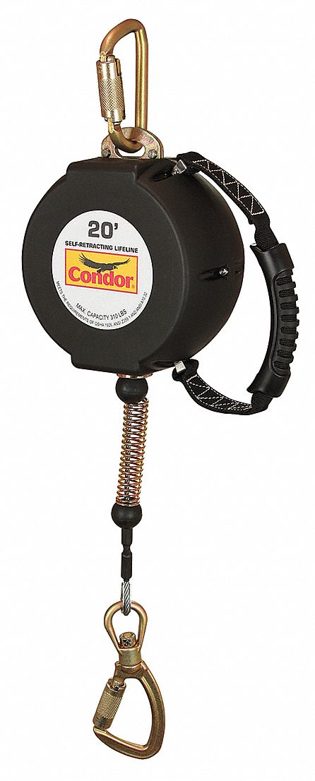 Self-Retracting Lifeline: Steel Carabiner Anchor, Harness Steel Swivel Snap Hook, 20 ft Line