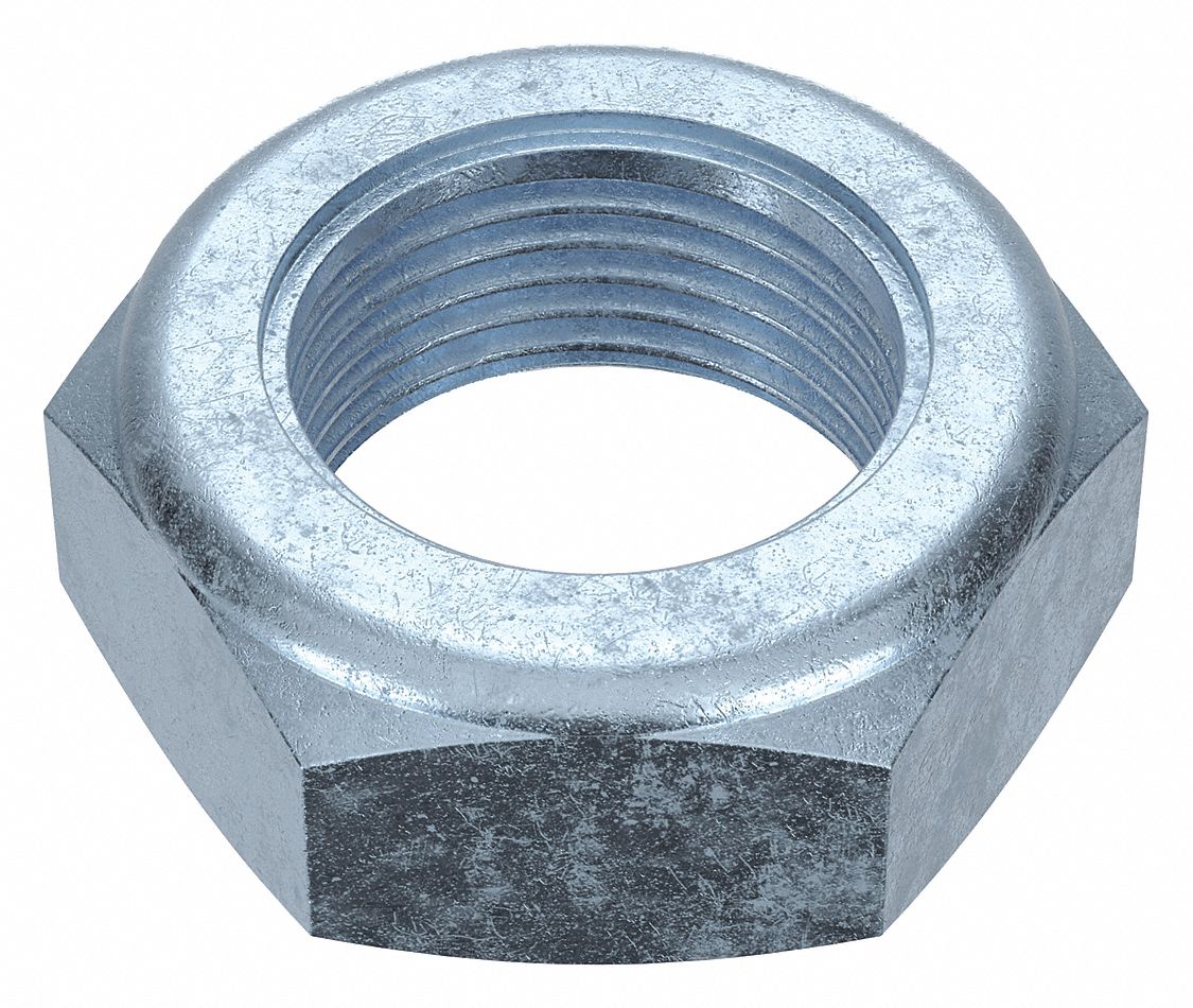 Lock Nut: Nylon Insert, Jam Hex, 1 1/8"-12 Thread Size, Steel, Grade 8, Zinc-Plated, 5 PK