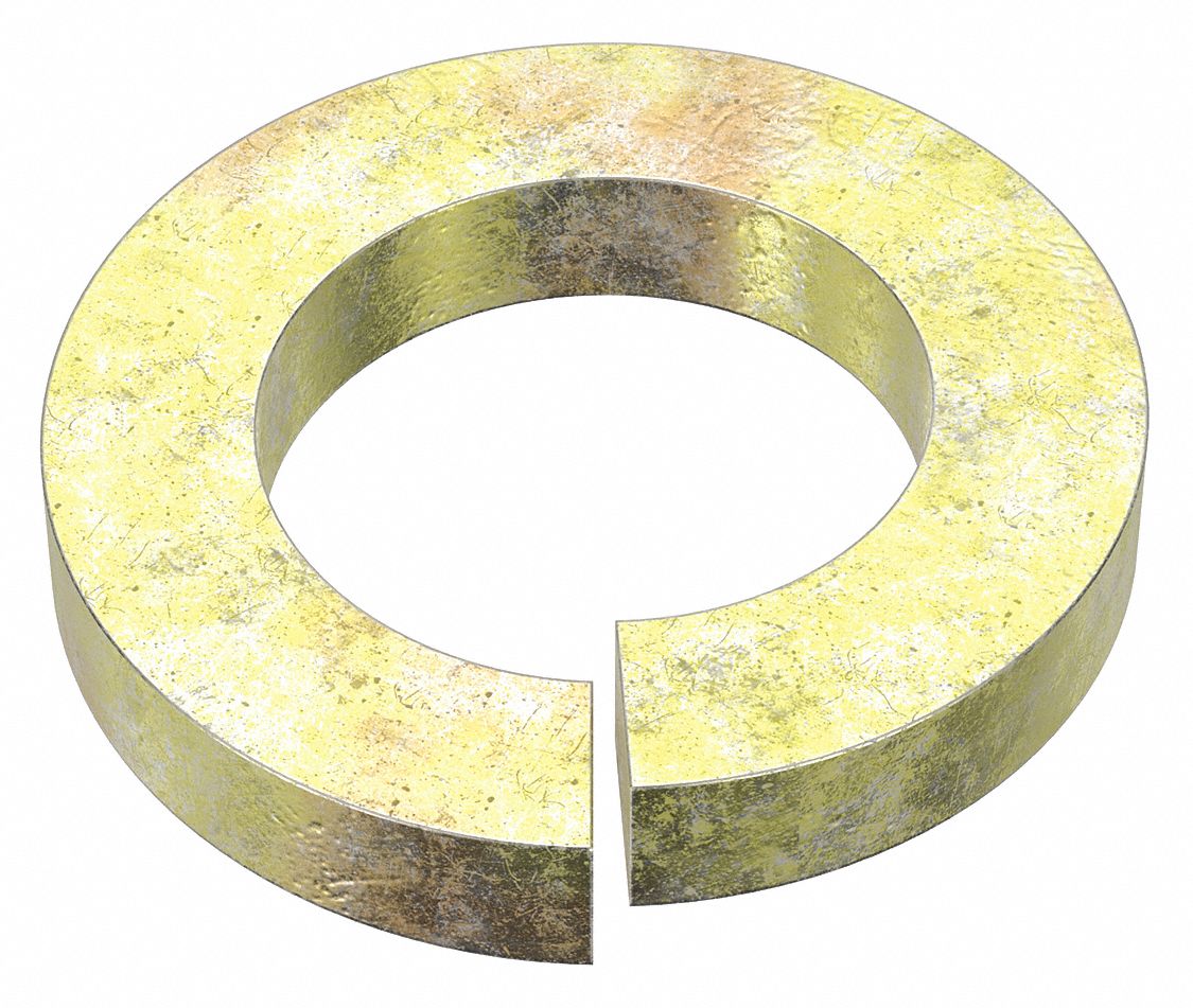 Split Lock Washer: Through Hardened, Zinc Yellow, Steel, 1 1/8 in Screw Sz, 9/32 in Max Thick, 5 PK
