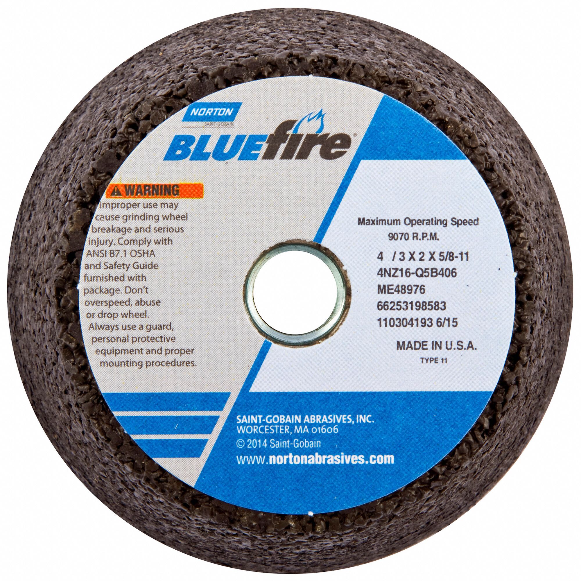 NORTON Type 11 Zirconia Alumina Flaring Cup Grinding Wheel, 4 in, 5/8