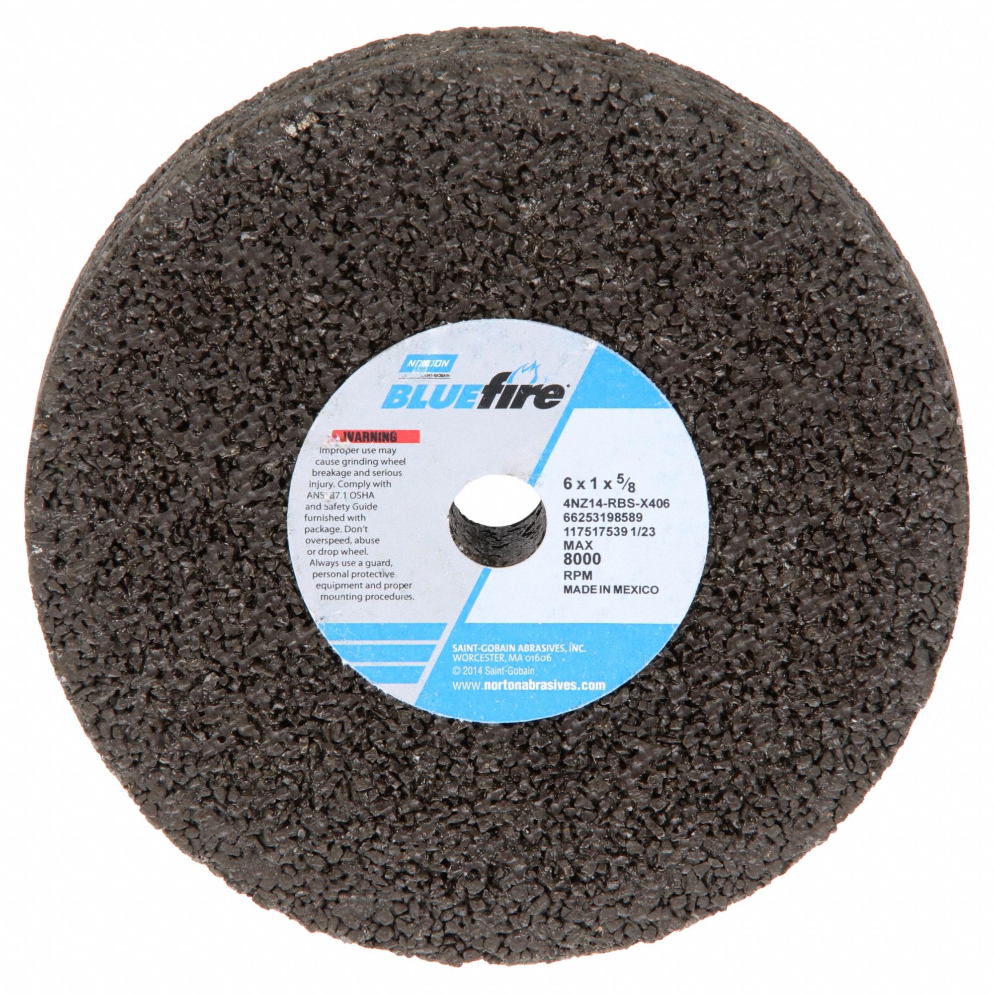 Straight Grinding Wheel: Type 1, 6" x 1" x 5/8", 4NZ14-RBS-X406