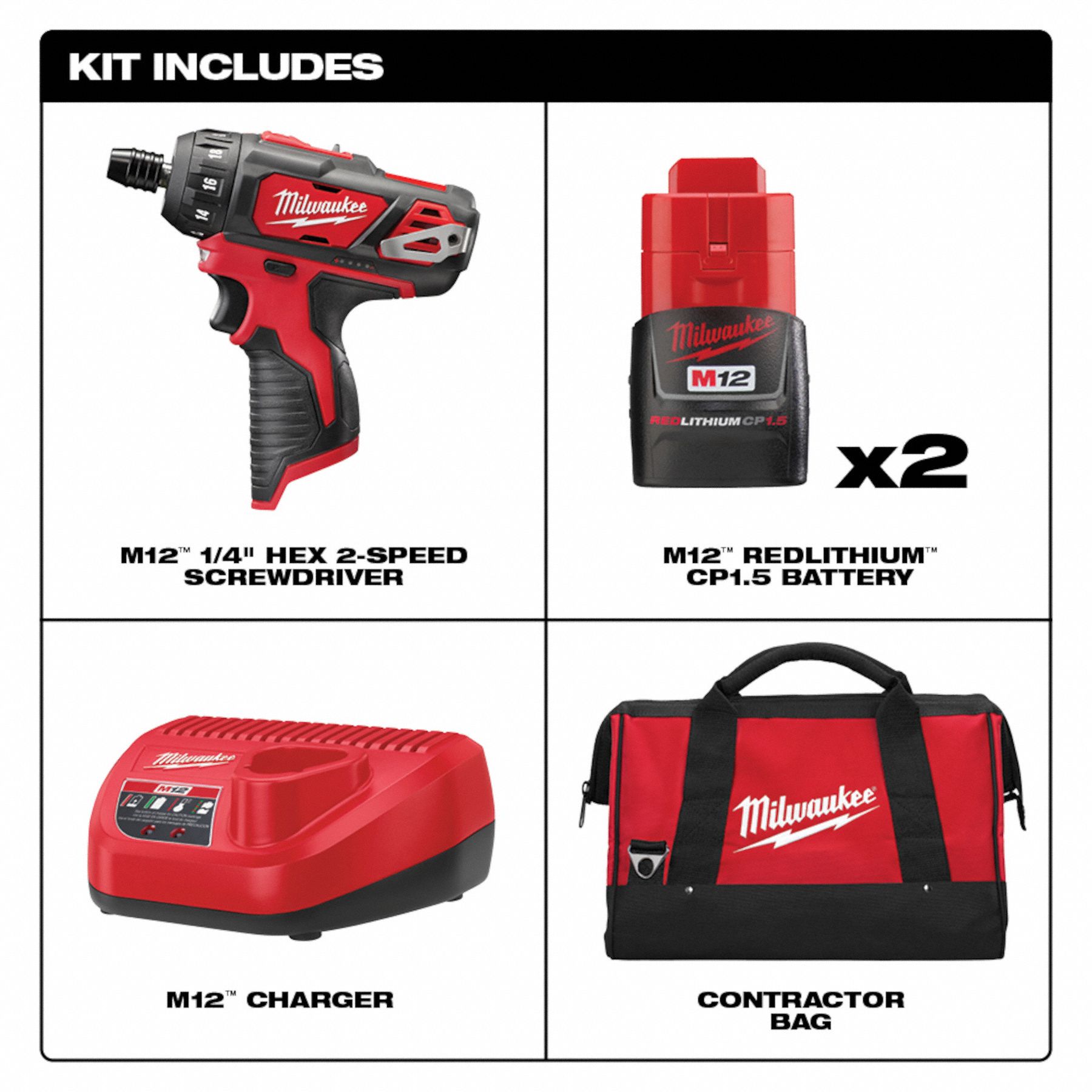 MILWAUKEE Screwdriver Kit, Cordless, 1/4 in Hex Drive Size, 1,500 RPM