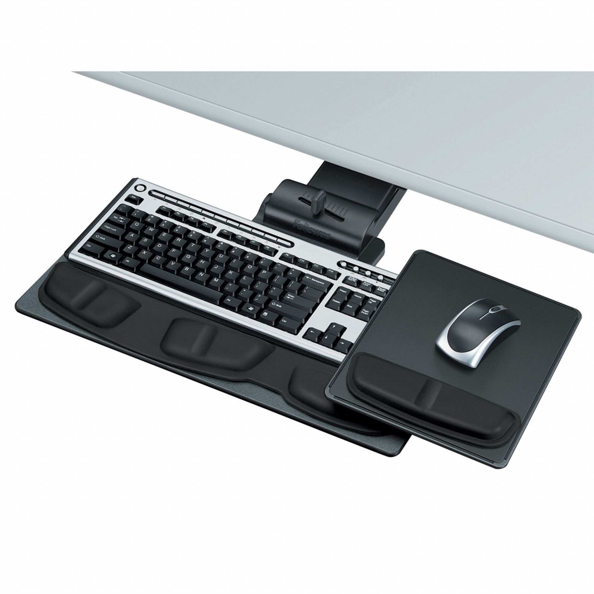 FELLOWES Keyboard Tray 5 3/4 in Ht, 21 1/4 in Lg, 28 1/4 in Wd, Arm