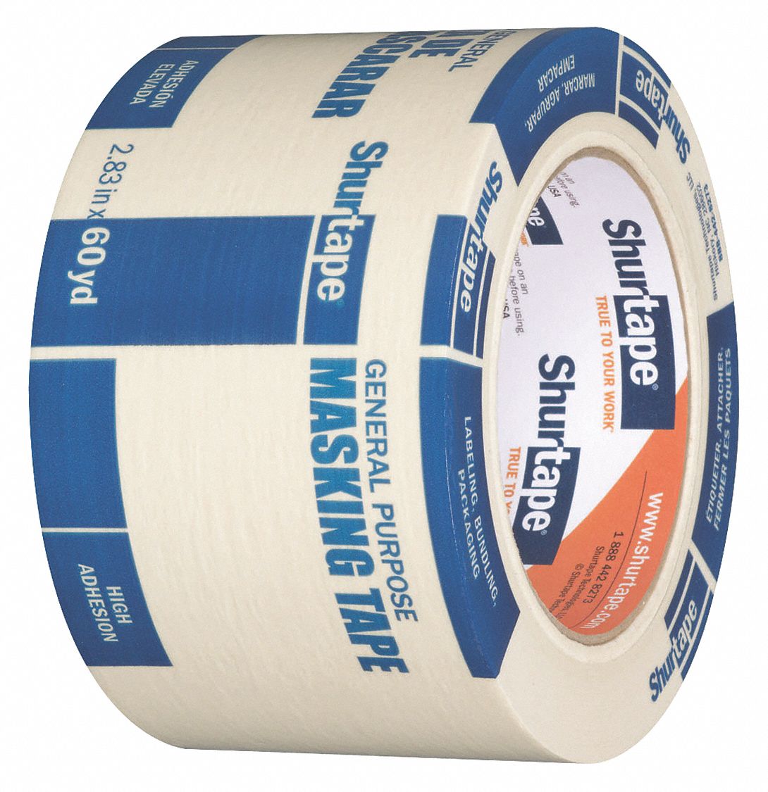 MASKING TAPE, 2 13/16 IN X 60 YARD, 4.6 MIL THICK, INDOOR, RUBBER ADHESIVE, TAN