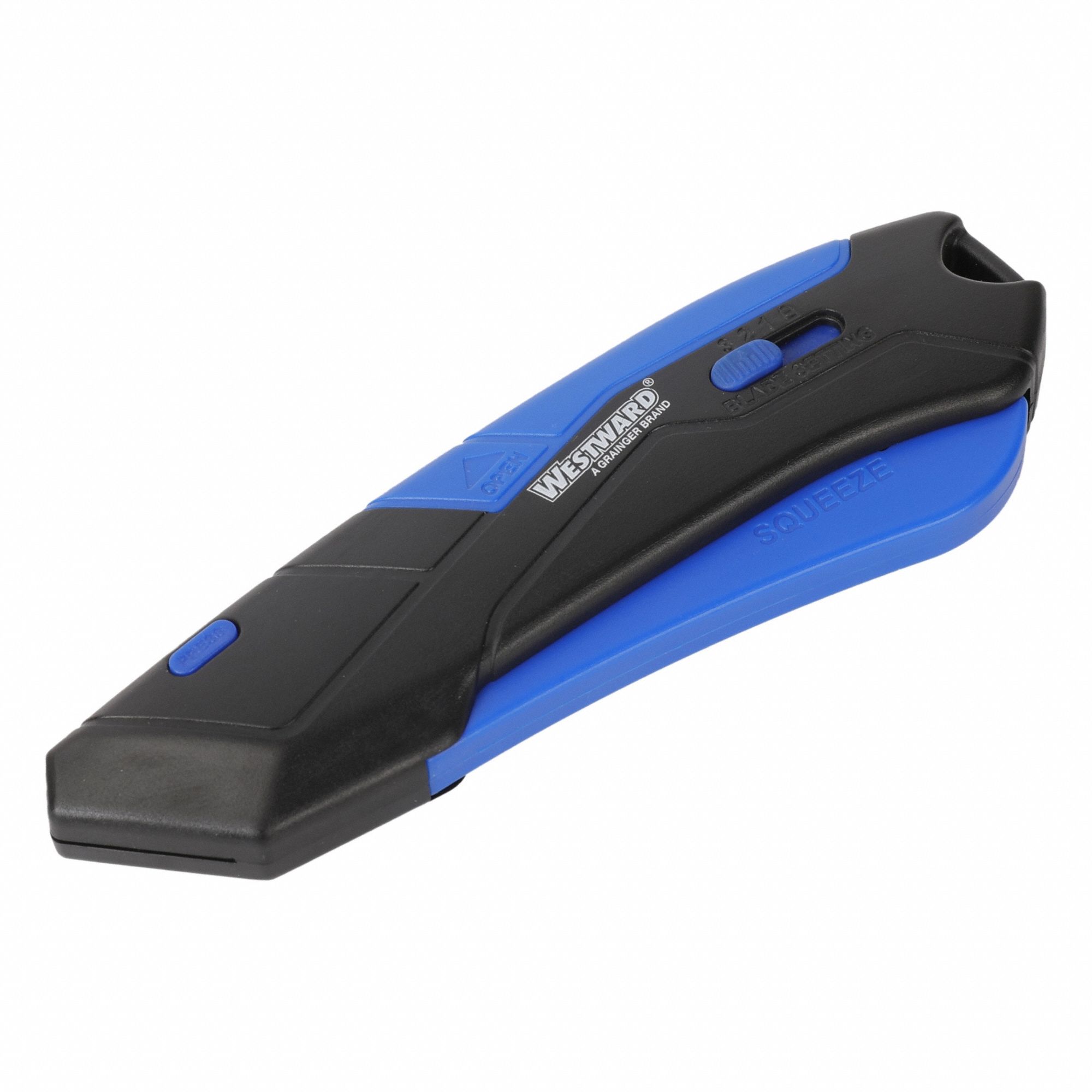 Safety Knife: 5 1/2 in Overall Lg, Rubberized, 2 in Overall Wd, Plastic, Black/Blue