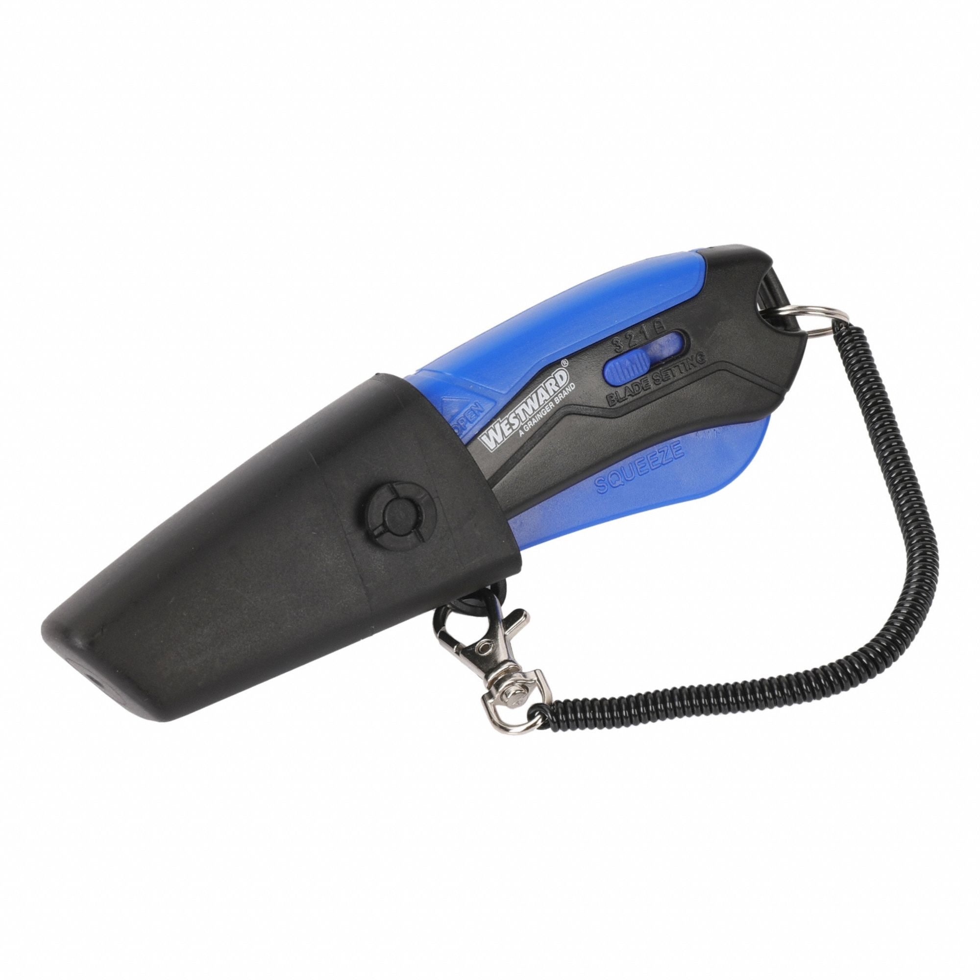 Safety Knife: 6 in Overall Lg, Rubberized, 2 in Overall Wd, Plastic, Black/Blue