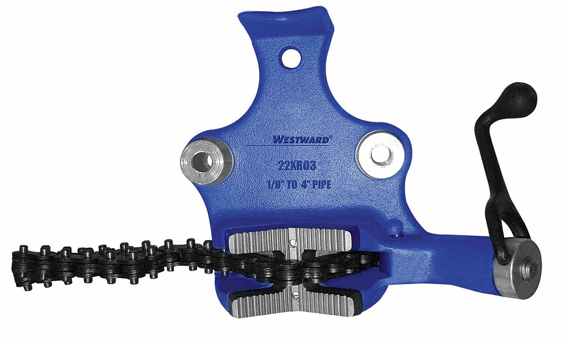 Bench Chain Vise: 0.13 in – 4 in Pipe Size Range, 4 in Max Ht, 3 in Min Ht, Metal