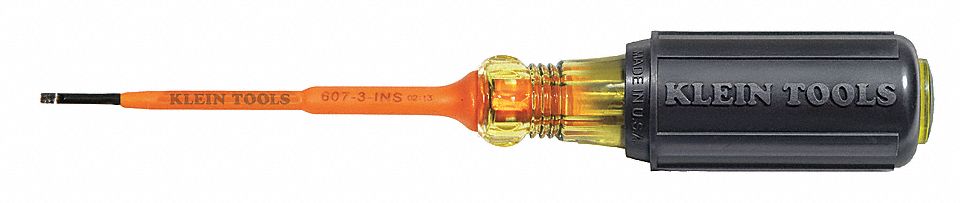 INSULATED SLOTTED SCREWDRIVER, 3/32 IN TIP SIZE, 6 3/4 IN OVERALL L, 3 IN SHANK L