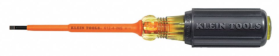 INSULATED SLOTTED SCREWDRIVER, 1/8 IN TIP SIZE, 7 3/4 IN OVERALL L, 4 IN SHANK L