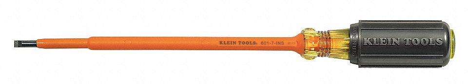 INSULATED SLOTTED SCREWDRIVER, 3/16 IN TIP SIZE, 10 3/4 IN OVERALL L, 7 IN SHANK L