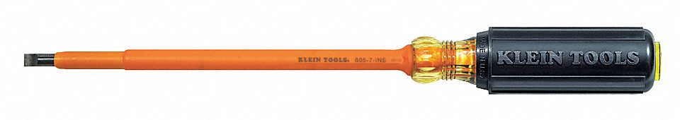 INSULATED SLOTTED SCREWDRIVER, 1/4 IN TIP SIZE, 11 1/4 IN OVERALL L, 7 IN SHANK L