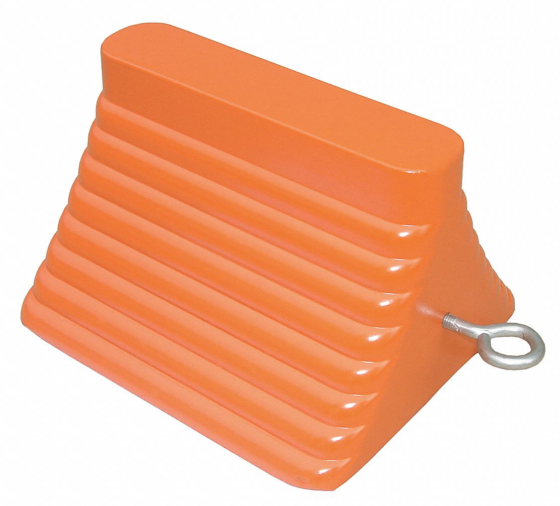 WHEEL CHOCK, RUBBER, 8 IN OVERALL L, 9 IN OVERALL W, 5¾ IN OVERALL H, 1 CHOCK, ORANGE, RUBBER