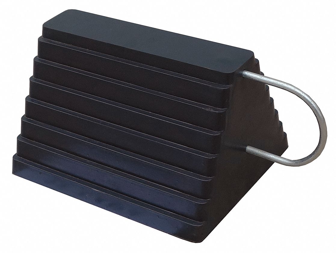 WHEEL CHOCK, RUBBER, 8 IN OVERALL L, 9⅞ IN OVERALL W, 6 IN OVERALL H, 1 CHOCK, BLACK, RUBBER