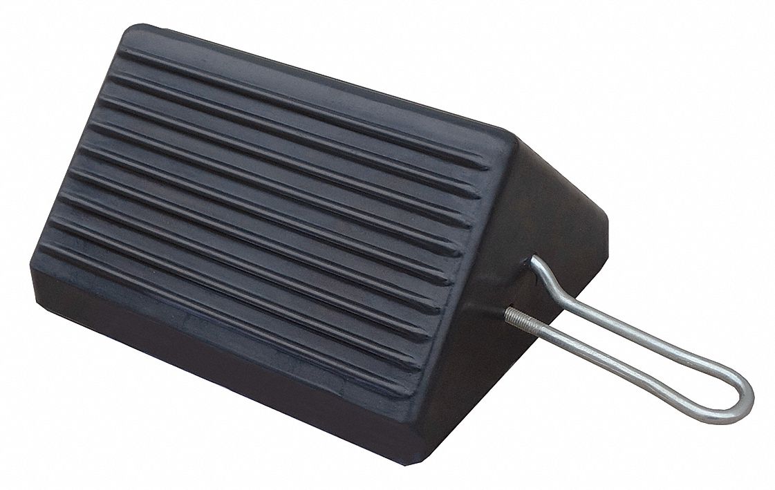 WHEEL CHOCK, RUBBER, 8 IN OVERALL L, 10 IN OVERALL W, 5 IN OVERALL H, 1 CHOCK, BLACK, RUBBER