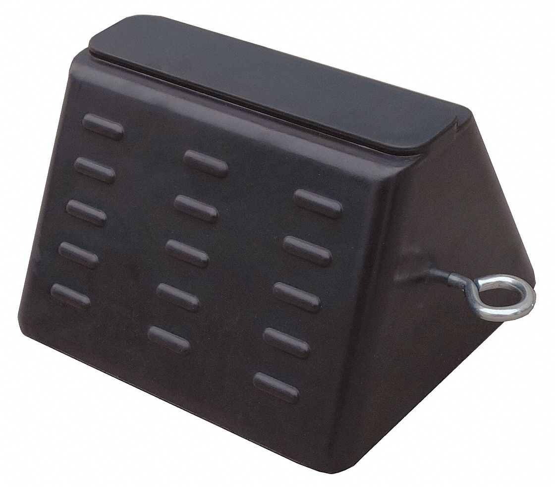 WHEEL CHOCK, RUBBER, 8 IN OVERALL L, 9 IN OVERALL W, 5½ IN OVERALL H, 1 CHOCK, BLACK, RUBBER