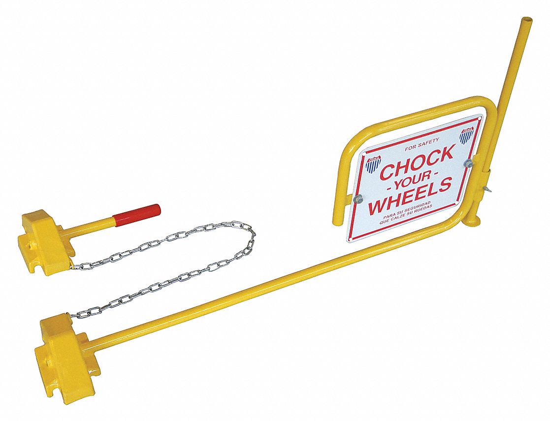 WHEEL CHOCK, STEEL, 7½ IN OVERALL L, 41 IN OVERALL W, 20 IN OVERALL H, 2 CHOCKS, YELLOW
