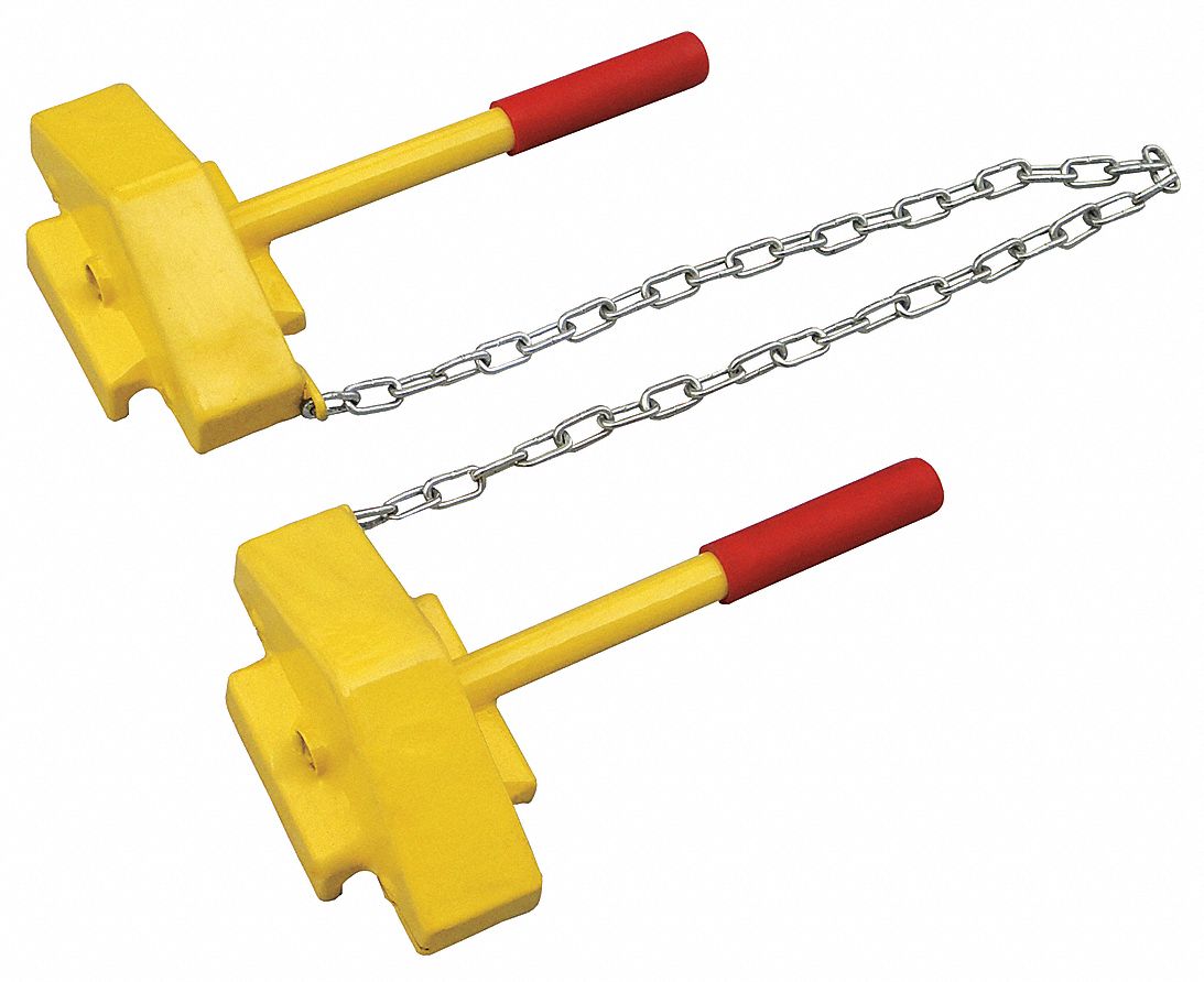 WHEEL CHOCK, STEEL, 7½ IN OVERALL L, 12½ IN OVERALL W, 3¾ IN OVERALL H, 2 CHOCKS, YELLOW