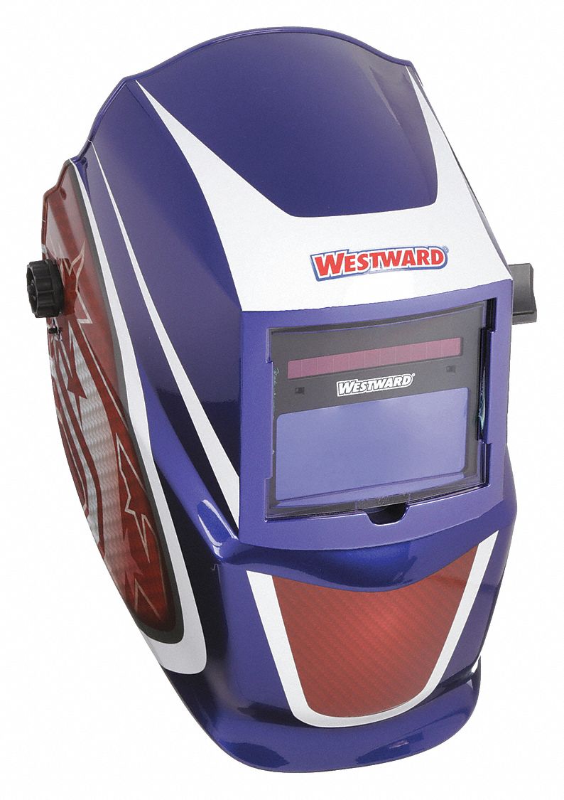 AUTO-DARKENING WELDING HELMET, 2 ARC SENSORS, GRAPHICS, BL/RED/WHITE, W9-13, ANALOG