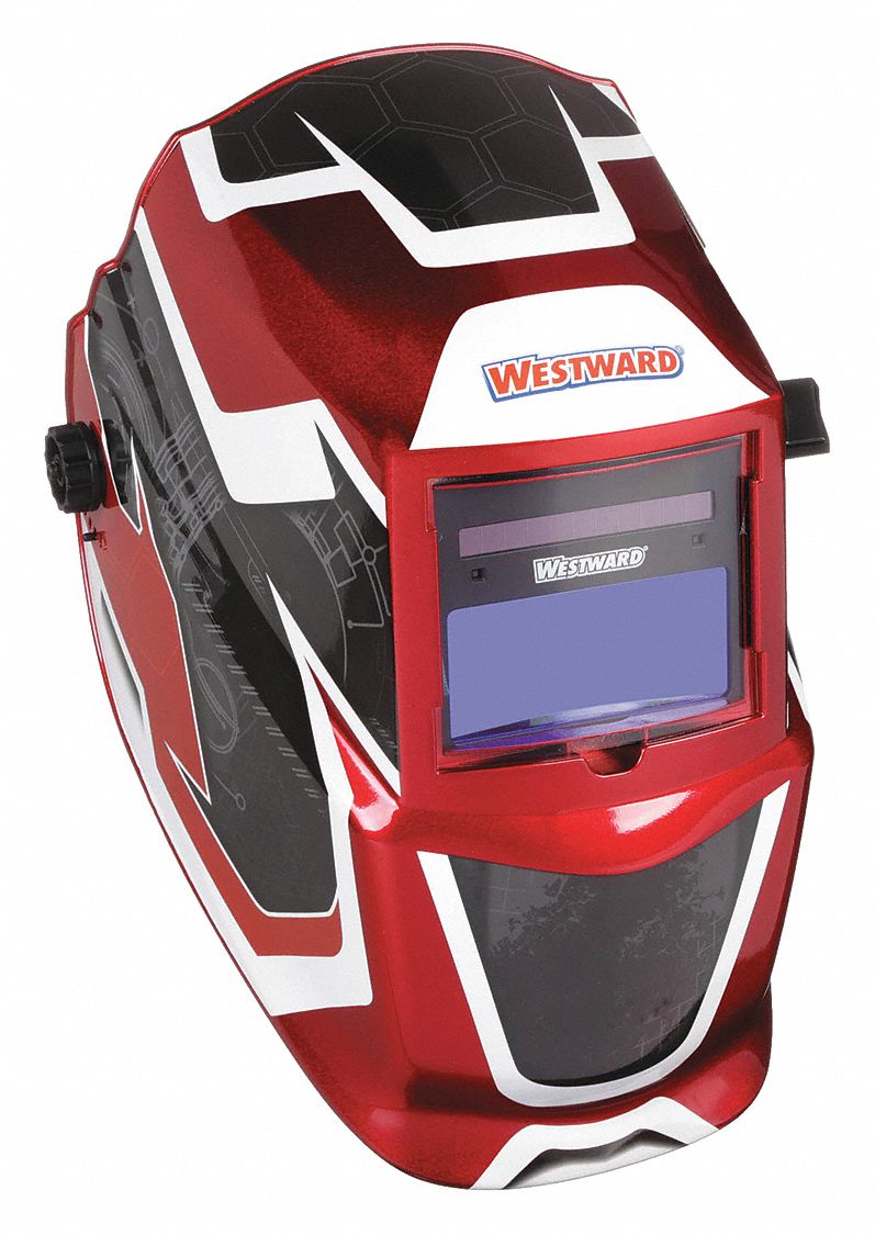 AUTO-DARKENING WELDING HELMET, 2 ARC SENSORS, GRAPHICS, BLK/RED/WHITE, W9-13, ANALOG