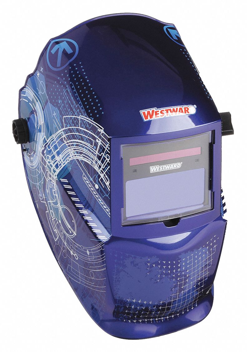 AUTO-DARKENING WELDING HELMET, 2 ARC SENSORS, GRAPHICS, BL/WHT, W9-13, ANALOG, RATCHET