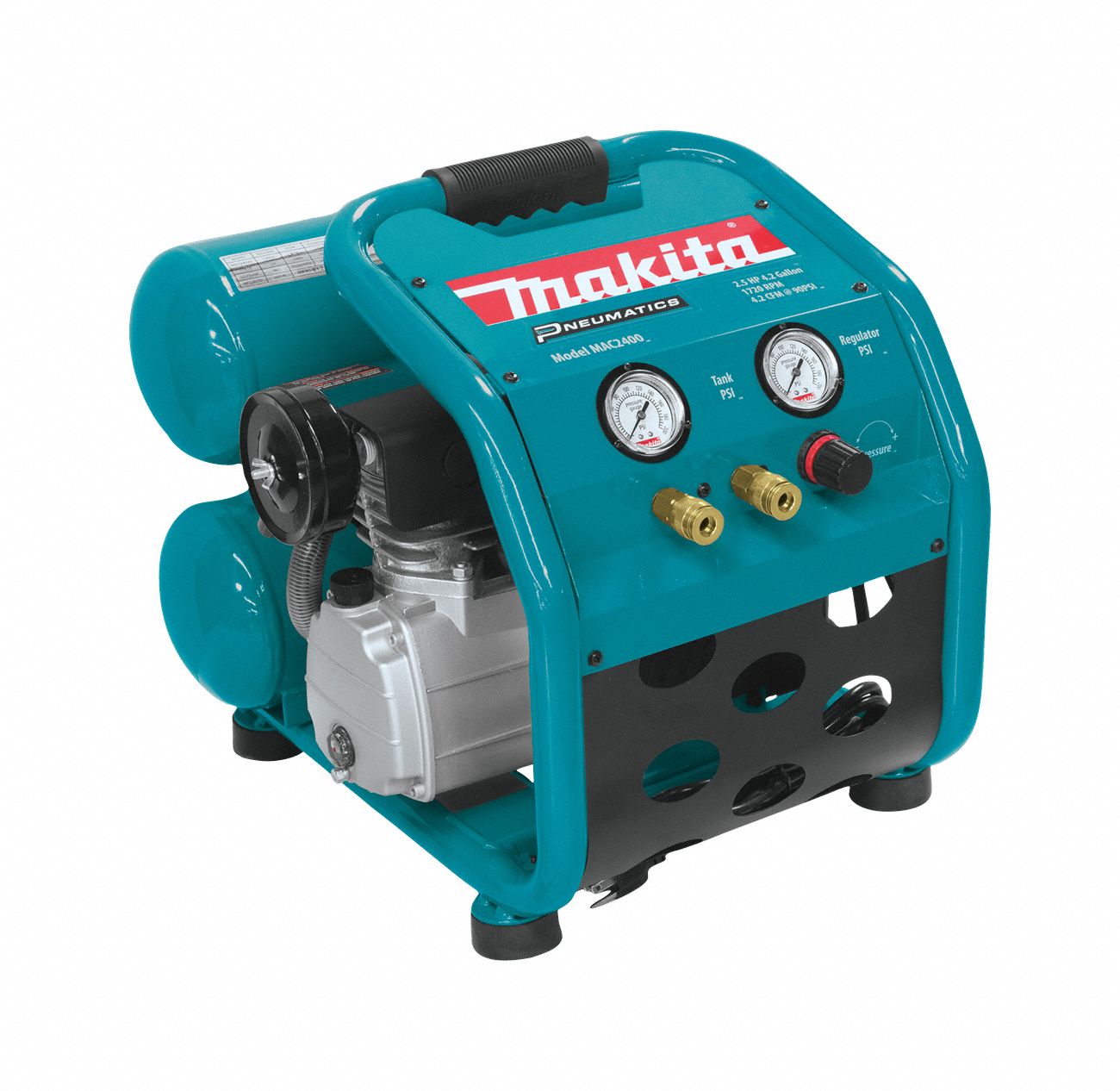 Portable Air Compressor: Oil Lubricated, 4.2 gal, Twin Stack, 2.5 hp, 4.2 cfm @ 90 psi, 15 A