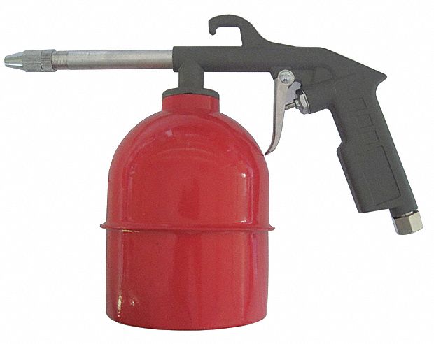 SYPHON SPRAY GUN, PISTOL GRIP BODY, ATTACHED CANISTER, OILS/WATER, 4 3/4 IN EXTENSION SIZE