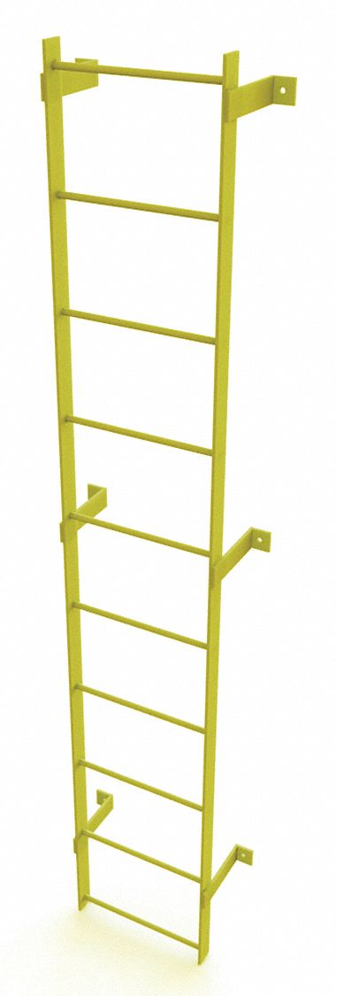 Ladder, Steel, Standard Fixed, 10-Rung: 10 ft Overall Ht, 25 in Overall Wd, Steel, 10 Rungs