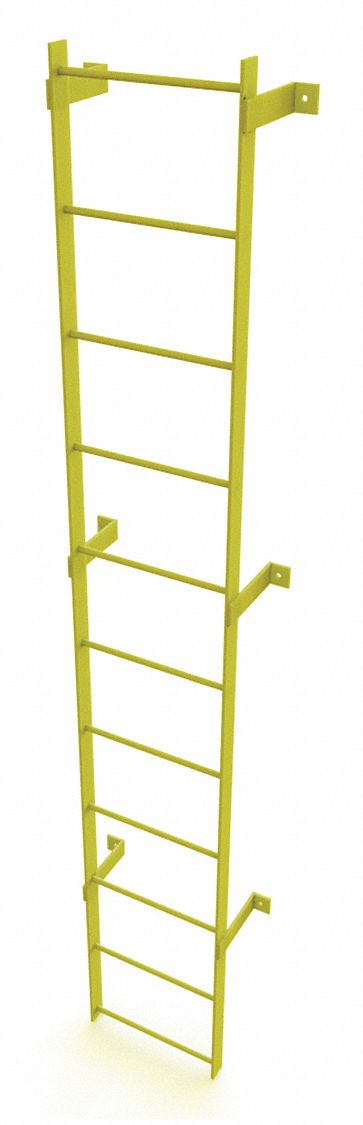 Ladder, Steel, Standard Fixed, 11-Rung: 11 ft Overall Ht, 25 in Overall Wd, Steel, 11 Rungs