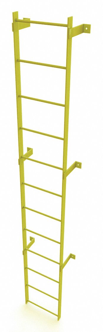 Ladder, Steel, Standard Fixed, 12-Rung: 12 ft Overall Ht, 25 in Overall Wd, Steel, 12 Rungs
