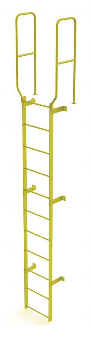 Ladder, Walk-Thru Fixed, Steel, 11-Rung: 14 ft Overall Ht, 28 in Overall Wd, Steel, 11 Rungs