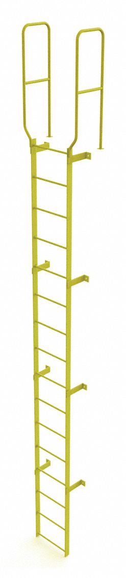 Ladder, Walk-Thru Fixed, Steel, 16-Rung: 19 ft Overall Ht, 28 in Overall Wd, Steel, 16 Rungs