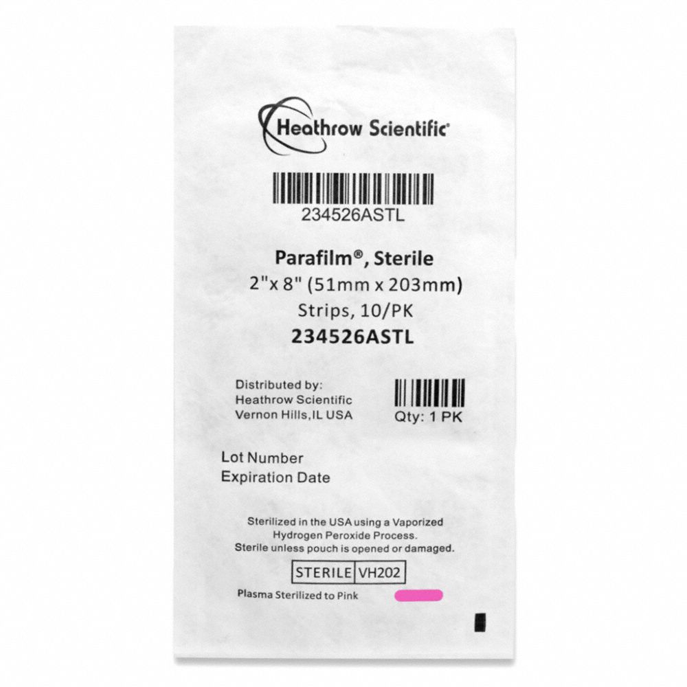 Sterile Parafilm: Thermoplastic, 8 in Overall Lg, 0.13 mm Overall Thick, 2 in Overall Wd, Sterile