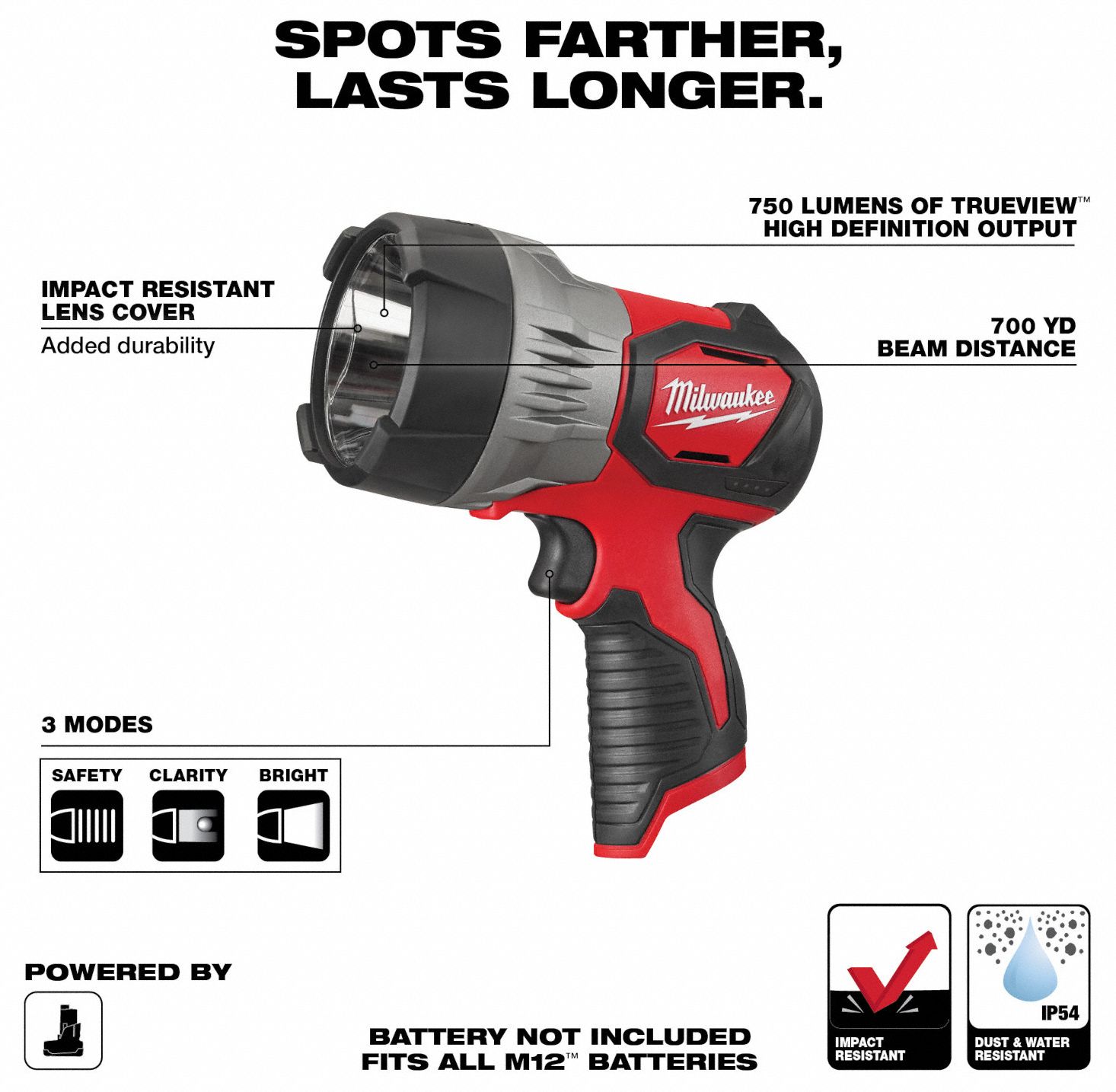 MILWAUKEE Cordless Flashlight M12, Bare Tool, 750 lm Max., 3 Modes