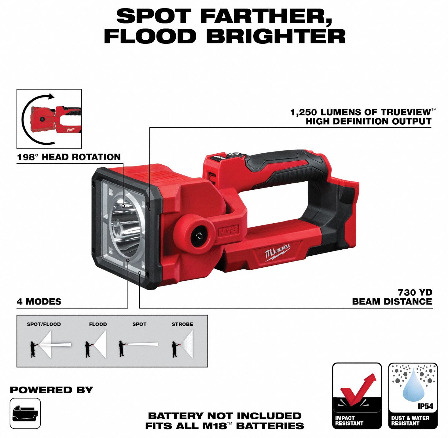 MILWAUKEE Cordless Flashlight M18, Bare Tool, 1,250 lm Max., 4 Modes