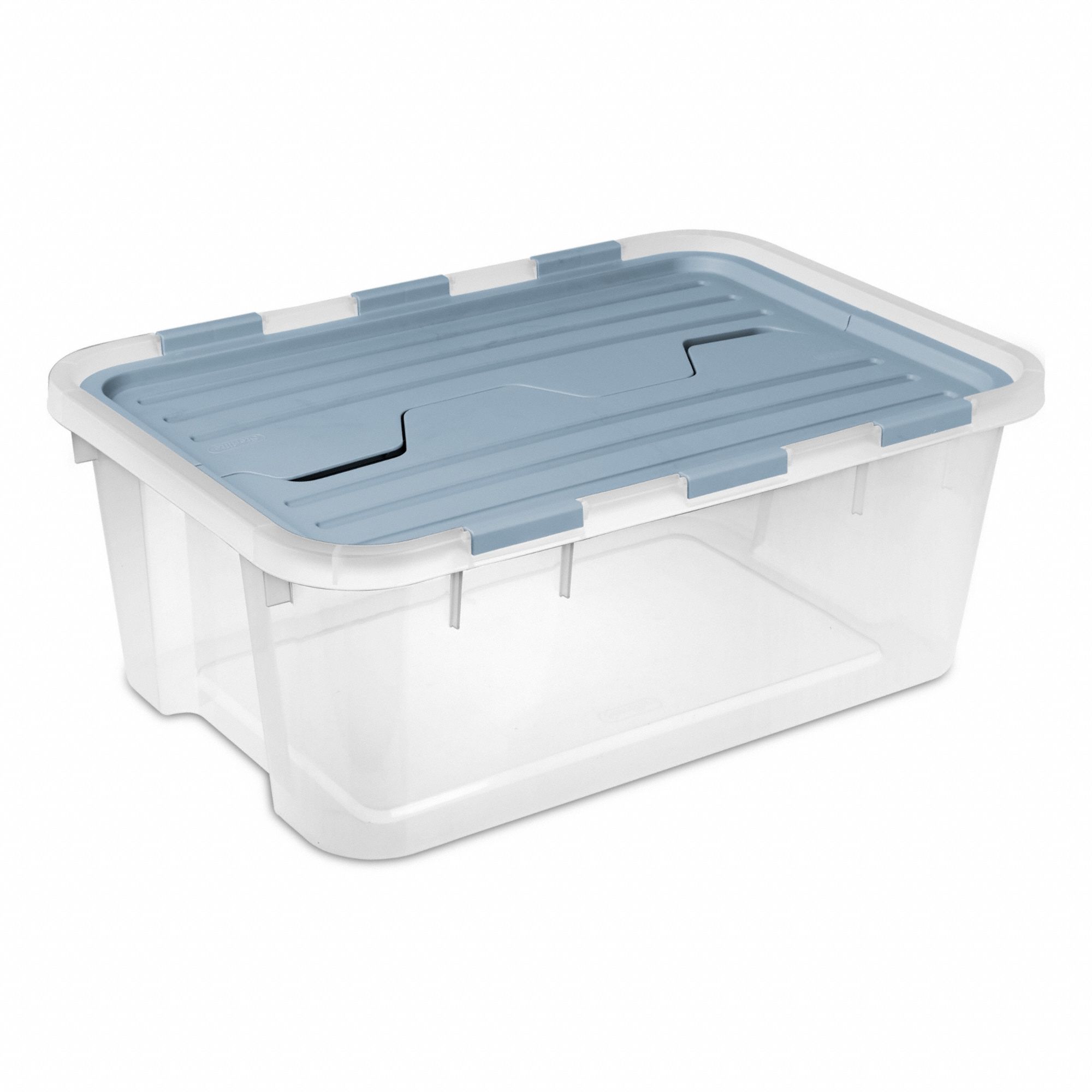 STERILITE Storage Tote: 10 gal, 24 in x 16 in x 9 in, Clear Body, Blue Lid, Stacking Capable (MPN 23946H06). Key specifications — Material: Plastic; Brand: STERILITE.