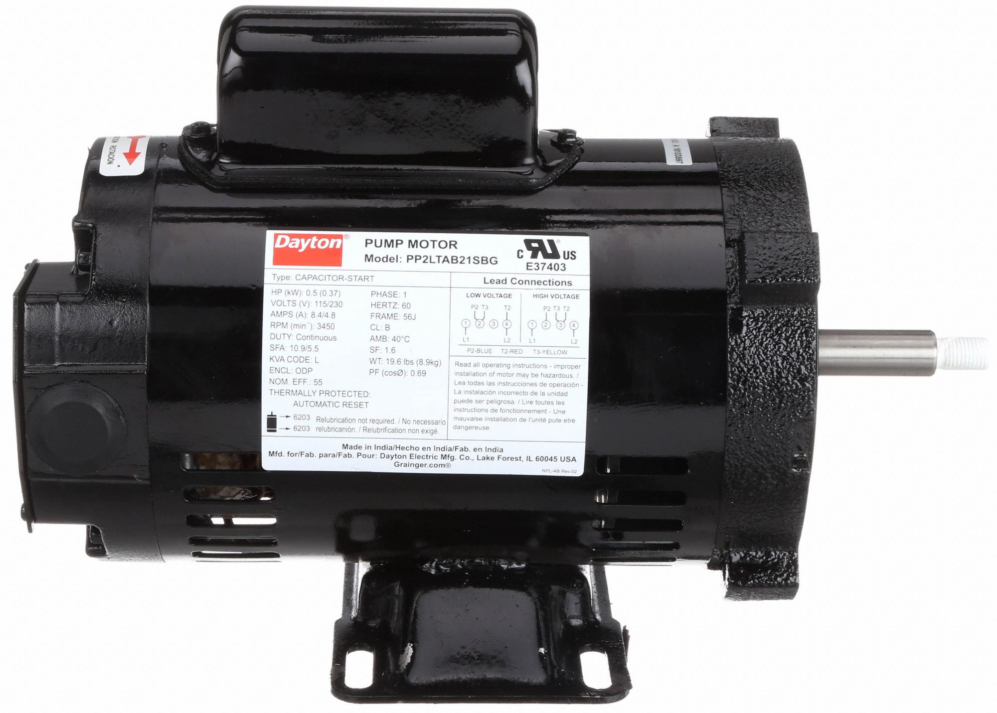 DAYTON Motor, For Use With Grainger Item Number 2YER3, 2ZWZ6, 2ZXJ1