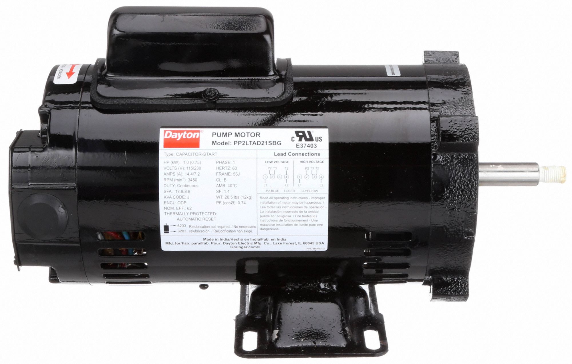 DAYTON Motor, For Use With Grainger Item Number 2YER7, 2ZXA1, 2ZXJ5